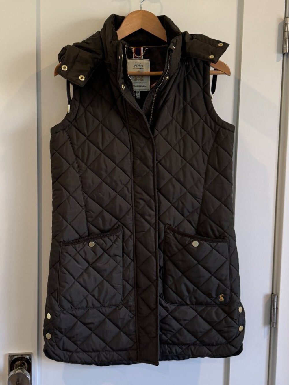 Joules deep khaki/olive green quilted vest with hood - longer length - size 4